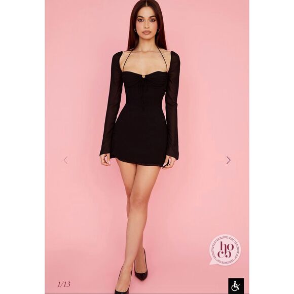 House of CB Babydoll Black Chiffon Halter Mini Dress S Long Sleeve LBD